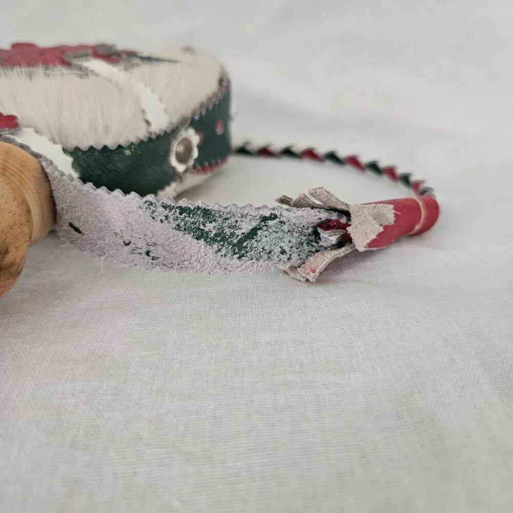 Vintage Hungarian Leather & Cowhide Decorative Canteen Flask – Red Green White